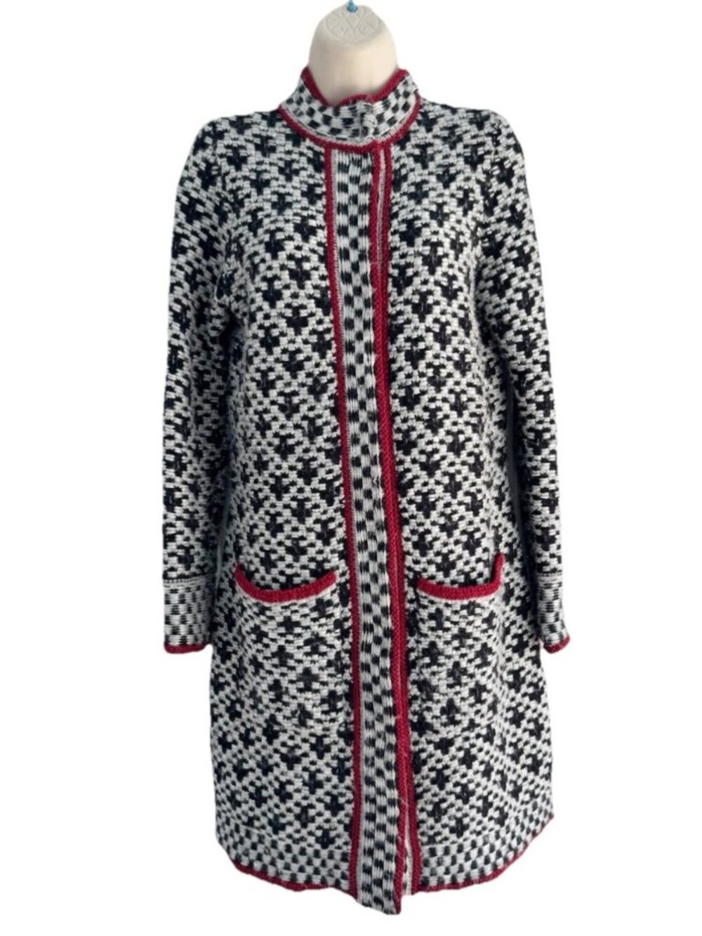 Chico’s Mystic Checkered Mix Plaid Sweater Coat Women's Sz 0 (S) Black White Red